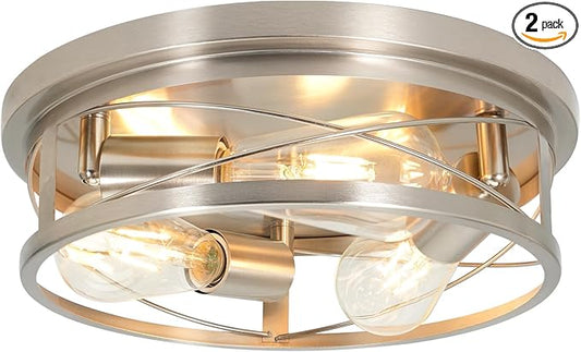 Farmhouse Ceiling Light - Dimmable Rustic Black Flush Mount E26 Industrial Ceiling Modern Led for Hallway Livingroom Kitchen Bedroom (1 Pack - Brushed Nickel, 12 Inch - 3 Lamp Holders)