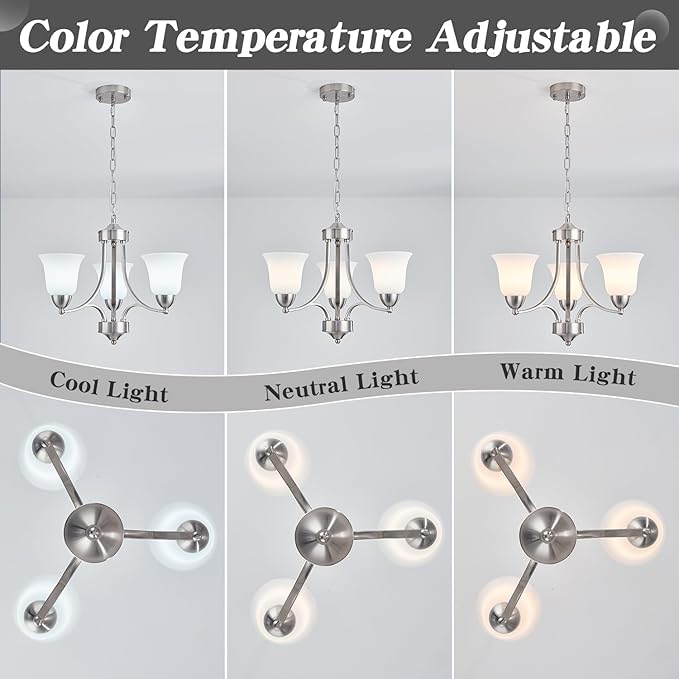 3-Lights Farmhouse Chandelier Brushed Nickel Modern Dining Room Light Fixture Silver Adjustable Ceiling Hanging Pendent Lighting with Frosted Glass for Kitchen Island, Living Room,Foyer