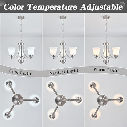 3-Lights Farmhouse Chandelier Brushed Nickel Modern Dining Room Light Fixture Silver Adjustable Ceiling Hanging Pendent Lighting with Frosted Glass for Kitchen Island, Living Room,Foyer