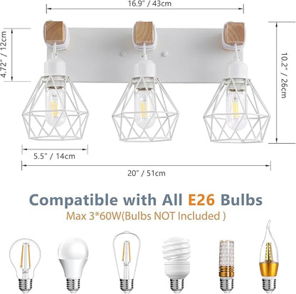 Farmhouse Vanity Light for Bathroom, 3-Light White Wood Bathroom Vanity Light Fixtures Over Mirror, Rustic Sconces Wall Lighting with Metal Lampshade for Living Room, Bedroom, Hallway