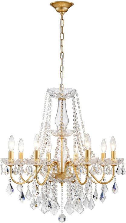 Gold Crystal Chandelier, 8-Light Crystal Chandeliers for Dining Room Light Fixture, Crystal Pendant Ceiling Light Modern Gold Lighting Fixture for Living Room Hallway Foyer Bedroom Kitchen Bathroom