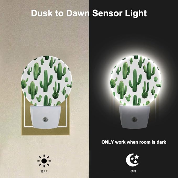 EKOBLA Cactus Plug-in Night Light, Green Cactus with “Stuck On You” Quote LED Nightlight with Auto Sensor for Home Decor