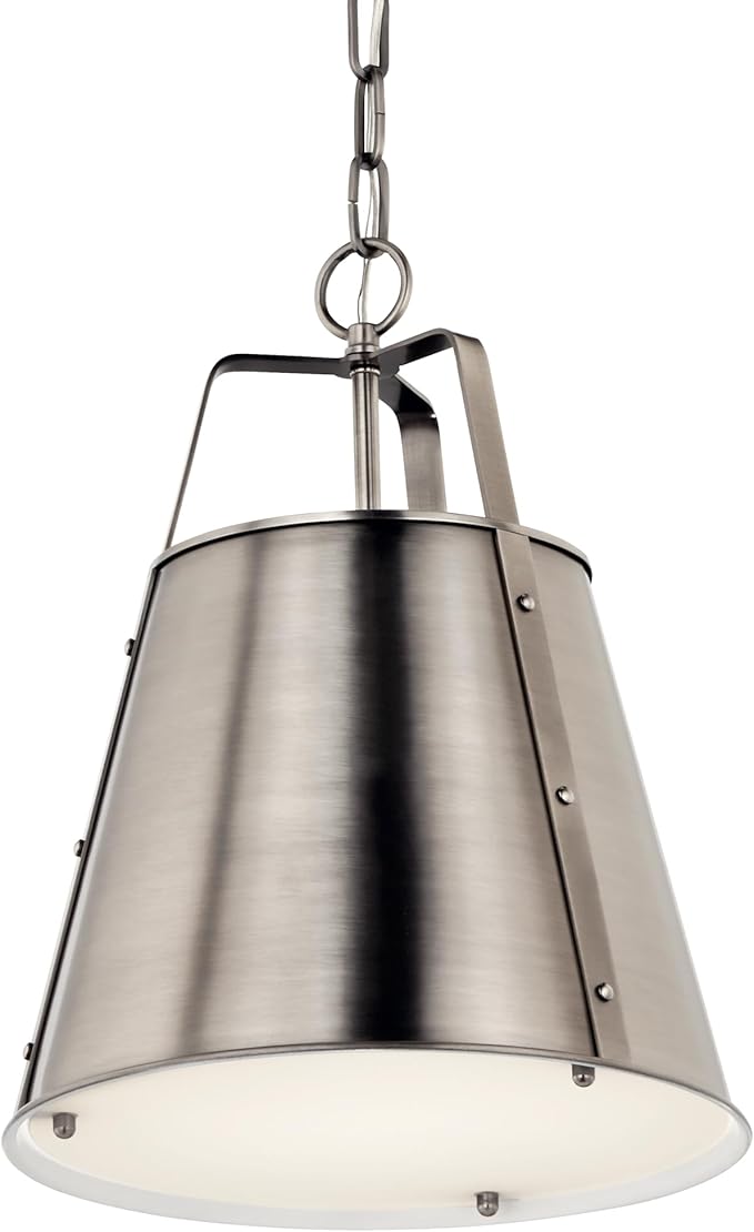 Kichler Etcher 1-Light Pendant Light Fixture with Etched Painted White Glass Diffuser, Kitchen Island Hanging Light in Classic Pewter for Dining Room (17" x 13"), 52710CLP