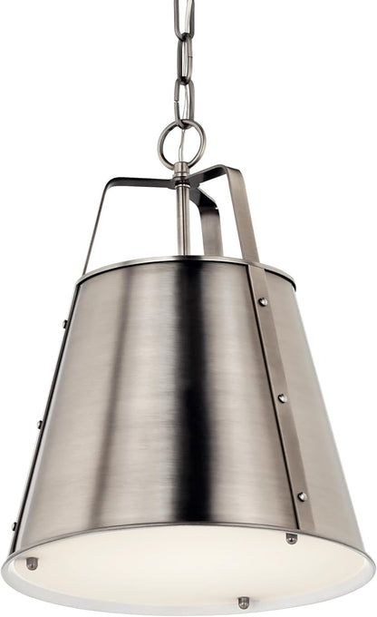 Kichler Etcher 1-Light Pendant Light Fixture with Etched Painted White Glass Diffuser, Kitchen Island Hanging Light in Classic Pewter for Dining Room (17" x 13"), 52710CLP