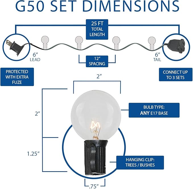 Novelty Lights 25 Feet G50 LED Patio String Light Set with 25 Bulbs, Warm White, Weather Resistant and Shatterproof Replaceable Plastic Globe Bulbs, Brown Wire