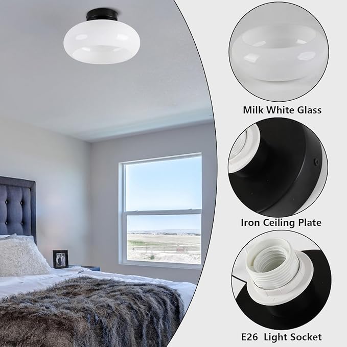 Black Semi Flush Mount Ceiling Light Mid Century Modern Entryway Light Fixture 11” Glass Globe Flush Mount Light Fixture for Hallway Kitchen Bedroom Closet