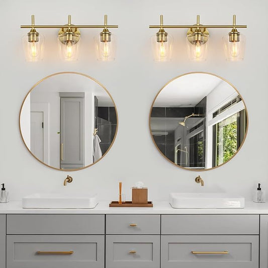 Bathroom Vanity Light Fixtures, 3-Lights Over Mirror Modern Vanity Lighting with Clear Wine Glass Shade Wall Lamp for Bedroom Hallway Living Room (Gold, 3-Light)