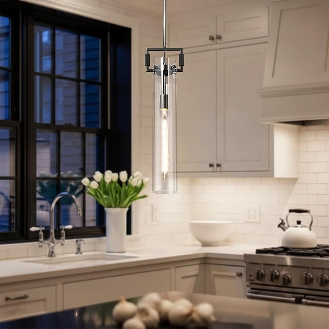 Black Pendant Light Glass for Kitchen Island 1Pack, Adjustable Hanging Chandelier with Glass Shade Modern Pendant Light Fixture for Farmhouse, Dining Room,Bedroom,E26 Bulb Included