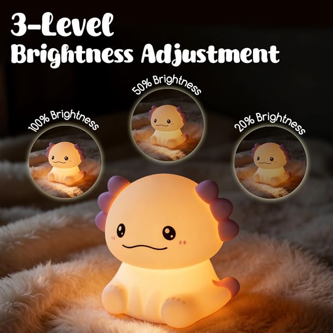 Cute Axolotl Night Light for Kids, 3 Adjustable Brightness Levels & 6 White Noise Sounds,Rechargeable Variable Color Axolotl lamp Gifts,Cute Room Decor Night Light for Kids Girls Boys