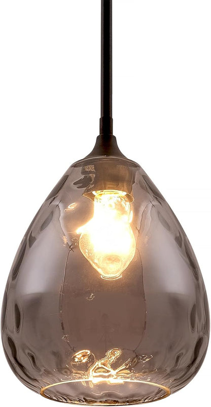 Smoked Hammered Glass Pendant Light with Matte Black Accent, Adjustable Hanging Lamp for Kitchen, Dining Room, and Living Room (Black & Smoked Glass)