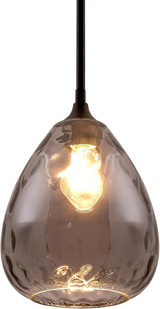 Smoked Hammered Glass Pendant Light with Matte Black Accent, Adjustable Hanging Lamp for Kitchen, Dining Room, and Living Room (Black & Smoked Glass)