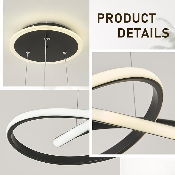 Modern LED Chandelier, 3-Color Dimmable with Remote Control, Adjustable Height Pendant Light Fixture with Base LED Light Strip, Modern Hanging Light for Dining Room Kitchen Island Living Room