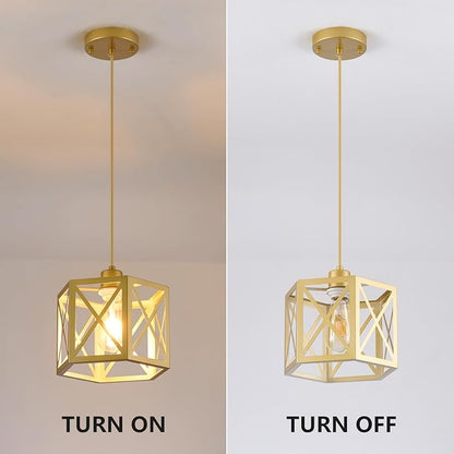 XSDeTu 2 Pack Gold Pendant Lights, Modern Farmhouse Hanging Light Fixture with Hexagonal Cage, Vintage Brass Metal Ceiling Lights, Adjustable Lantern Pendant Lighting for Kitchen Island Sink Hallway