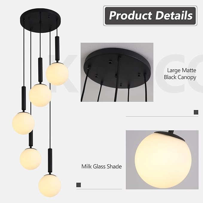 KCO Lighting 5 Light Cluster Pendant Lighting White Globe Chandelier Light Fixture Large Milk Glass Chandelier Matte Black Stairway Hanging Lighting Multi Pendant Hanging Light Fixture