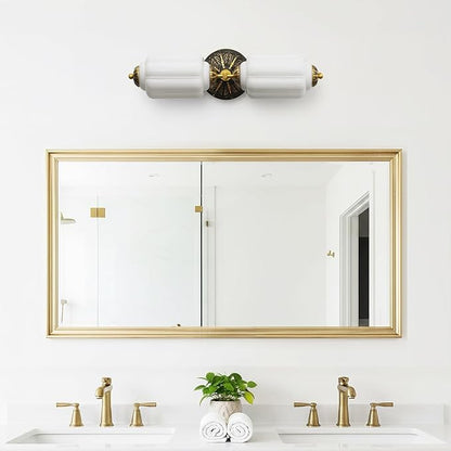 Vintage Bathroom Vanity Light - 2-Light Milk Glass Sconce with Antique Brass Finish & White Shade, Wall Sconce Lighting for Bathroom Mirror, Hallway, Living Room, Bedroom