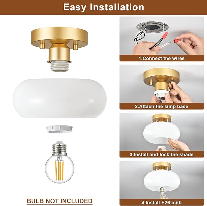 WOKNOS Mid-Century Modern Gold Semi Flush Mount Ceiling Light, Kitchen Ceiling Light Fixture with Glass Shade, Mini White Close to Ceiling Lamp for Entryway Hallway Bathroom (8.66 Inch)