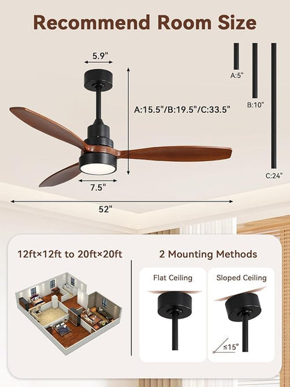 Sofucor Ceiling Fan with Lights and Remote, 52 inch Modern LED Ceiling Fan with 3 Wood Blades and 3 Black Downrods, for Indoor Bedroom Living Room Outdoor Patio Porch, Reversible, Quiet and Powerful