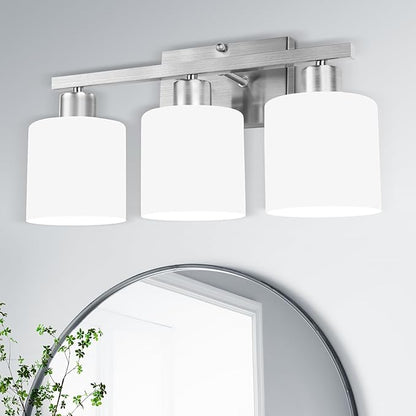 SILAMPDI Bathroom Light Fixtures Brushed Nickel, 3-Light Bathroom Lights Over Mirror, Bathroom Vanity Lights for Bedroom, Living Room, Hallway, Milky White Glass Shades, E26 Base, Bulbs Not Included