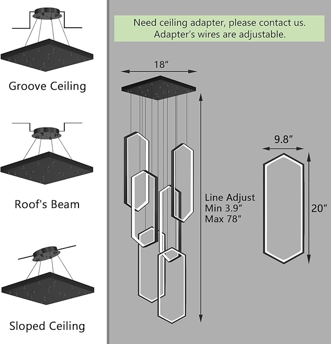 6 Rings Modern Chandelier LED Dimmable Pendant Lighting Adjust Flush Mount Ceiling Light for Foyer Lobby Living Room Staircaes Black