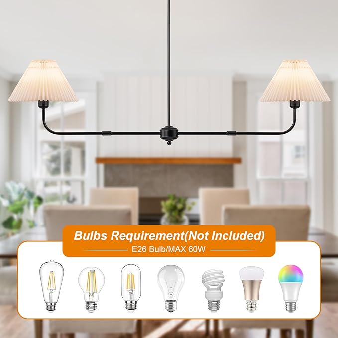 Modern Chandelier, 2-Light Linear Dining Room Light Fixture with White Fabric & ABS Shade Kitchen Island Lighting Fixture for Over Table, Living Room, Bedroom