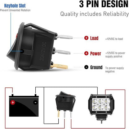 Nilight 12PCS Round Rocker Switches 12V 24V 20A Red LED Toggle swtiches SPST 3 Pin 2 Position for Car Truck Vehicle Boat Marine Rocker On Off Control