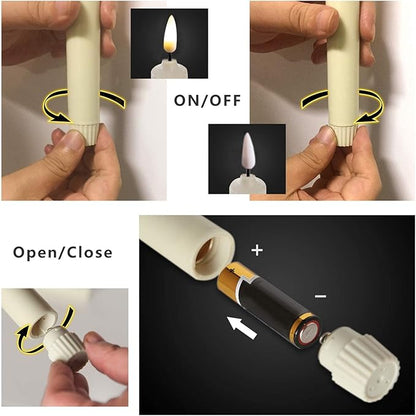 6 Pack Flameless Ivory real Wax Window Candles with 12 AA Batteries(Include, Run More Than 400 Hours) and Golden Candlebase, 10" Flickering Battery Operated LED Taper Windows Candles with Remote Timer