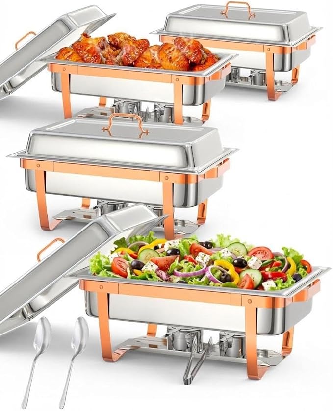 4 Pack Chafing Dishes for Buffet, Stainless Steel Catering Chafer with Lids, Pans & Fuel Holder, 8QT Food Warmers for Parties Buffet, Buffet Servers and Warmers for Parties, Events, Weddings,Rose Gold