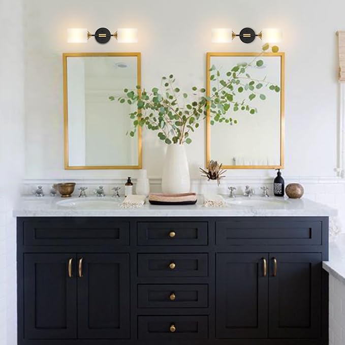 BYOLIIMA Industrial Mid Century Wall Sconce 2-Lights with White Cylinder Glass Shades Modern Bathroom Vanity Wall Lamp Matte Black and Gold Brushed Brass Finished Wall Light Fixture