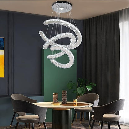 Finktonglan Modern Crystal Chandeliers 3C Rings Led Pendant Lamp Adjustable Stainless Steel Ceiling Lighting Fixture for Living Room Dining Room Bedroom Cool White