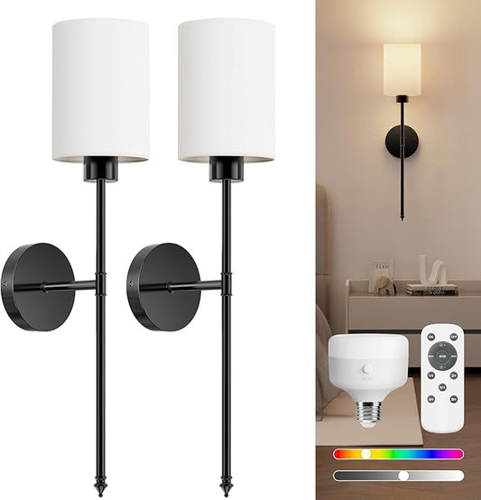NIORSUN 24 inch Battery Operated Wall Sconce Set of 2, Black Wireless Rechargeable Wall Lights with 5200mAh Dimmable Detachable Bulbs and Remote, 9 Colors Sconces Wall Decor for Bedroom Living Room