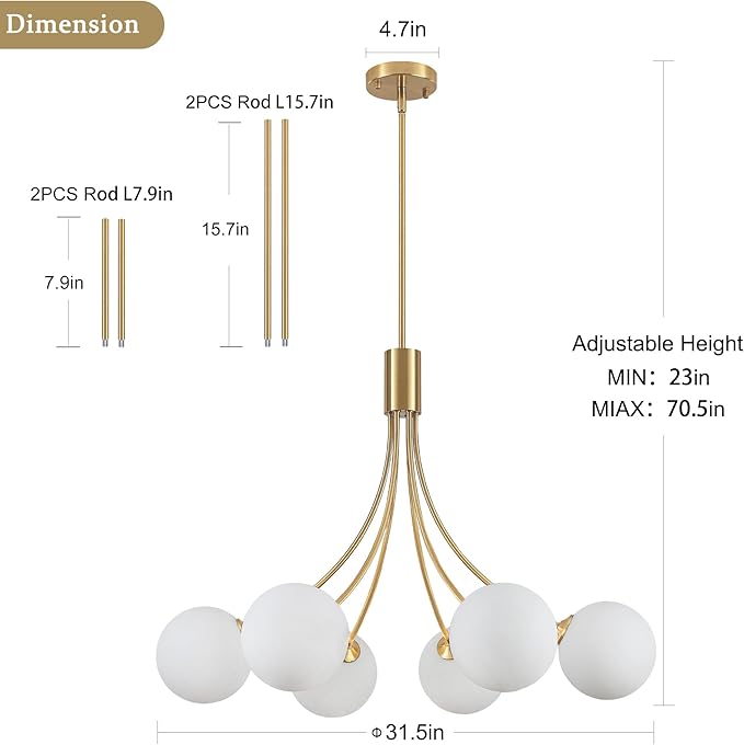 31.5" Modern Mid-Century Gold Sputnik Chandelier - 6-Light Adjustable Hanging Fixture with Milk White Glass Shades for Dining Room, Kitchen Island, Living Room, Bedroom, Foyer Lighting