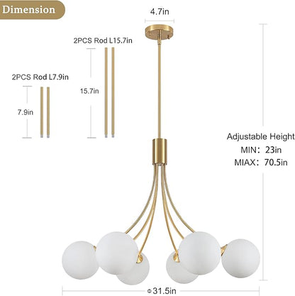 31.5" Modern Mid-Century Gold Sputnik Chandelier - 6-Light Adjustable Hanging Fixture with Milk White Glass Shades for Dining Room, Kitchen Island, Living Room, Bedroom, Foyer Lighting