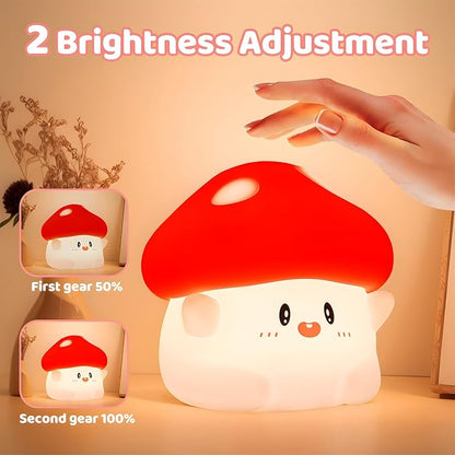 Mushroom Night Light, Squishy Silicone Lamp - Tap Control 2 Brightness, 50H Battery & Auto Timer, Cute Mothers Day Gifts for Kids, Bedside Nursery Desk Mushroom Decor