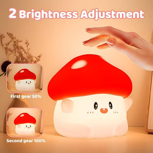 Mushroom Night Light, Squishy Silicone Lamp - Tap Control 2 Brightness, 50H Battery & Auto Timer, Cute Mothers Day Gifts for Kids, Bedside Nursery Desk Mushroom Decor