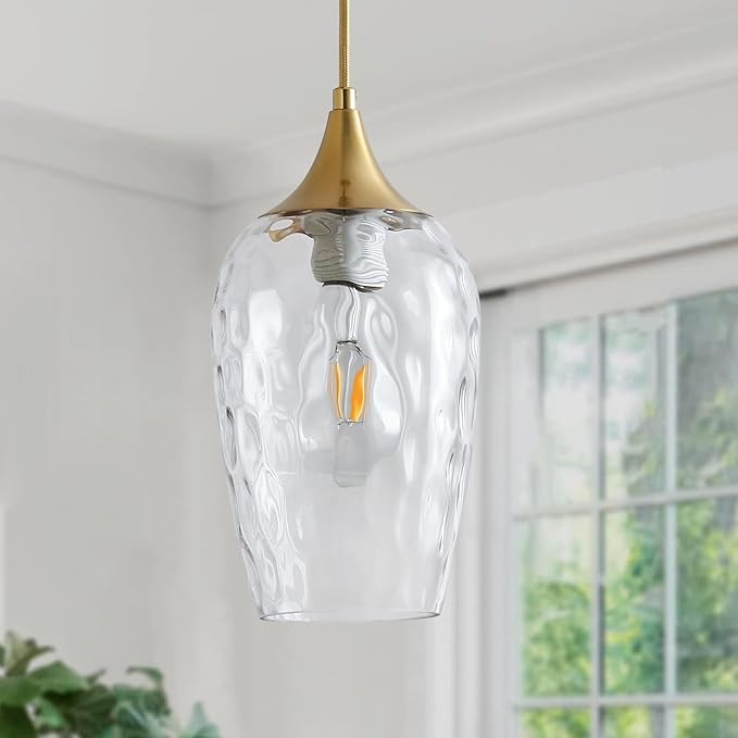 Glass Pendant Lights Kitchen Island, Gold Pendant Light Fixtures with Hand-Blown Clear Glass Modem Farmhouse Hanging Light for Kitchen Sink Dining Room Bedroom