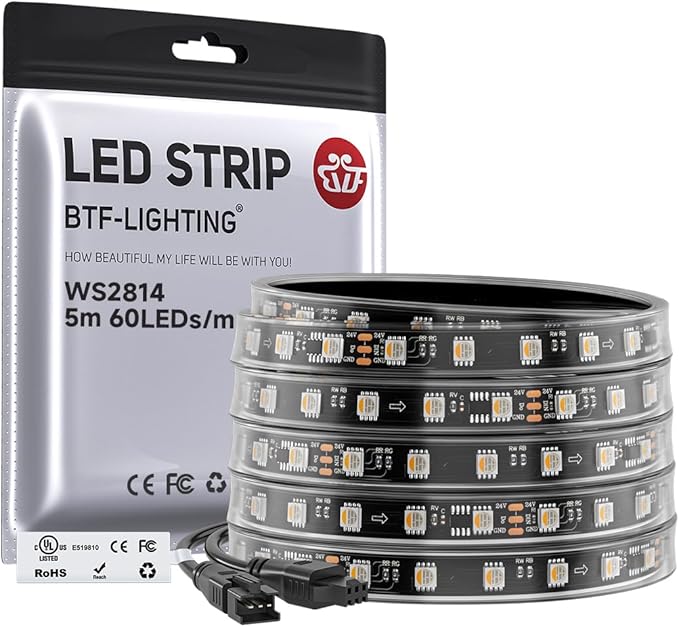 BTF-LIGHTING WS2814 IC RGBW RGB+Cool White (Similar WS2812B),Addressable DC24V 16.4FT 60LED/m 10pixel/m,UL Listed,4 Colors in 1 Dream Color LED Strip IP67 for Home Decor(No Adapter or Controller)