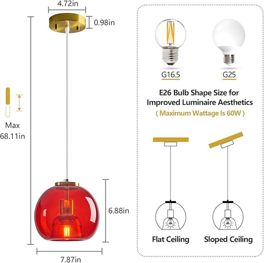 Red Glass Pendant Lights Kitchen Island Gold Hanging Light Fixture Glass Globe Pendant Light Modern Pendant Lighting for Kitchen Island Bedroom Dining Room (7.87", 2 Pack)