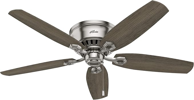 Hunter 52 inch Indoor Ceiling Fan with LED Lights - Ceiling Fan with Pull Chain, For Bedroom, Living Room, or Kitchen, Low Profile Flush Mount, No Remote, 5 Blades - Builder 51112, Brushed Nickel