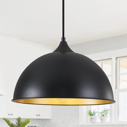 Pendant Lights Kitchen Island, 12" Black and Gold Dome Pendant Light Vintage Industrial Hanging Light Fixtures for Farmhouse Dining Room Restaurant Cafe Entryway
