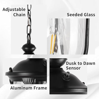 JYZ Vintage Dusk to Dawn Outdoor Hanging Lantern, 15 Inch Rustic Exterior Pendant Light Fixture with Seeded Glass, Antique Black Ceiling Mount Chandelier for Porch, Patio, Gazebo, Entryway JYOPL04