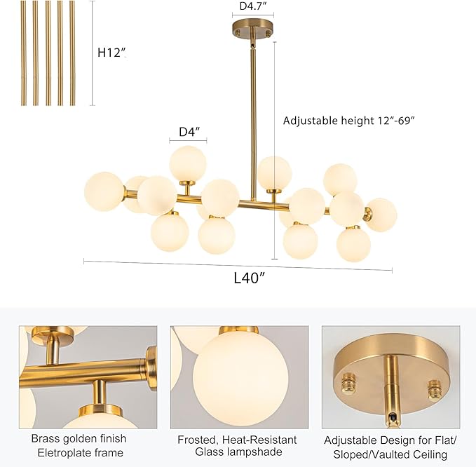 Modern Gold Chandelier Rectangle Pendant Light Sputnik Chandeliers Hanging Light Fixture 16-Light