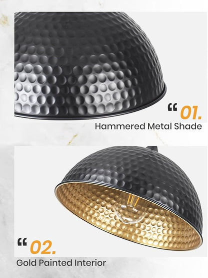 Black Pendant Lights Kitchen Island 12 Inch, Vintage Hammered Pendant Light Fixtures Adjustable Height Dome Pendant Light for Dining Room Bedroom Bar