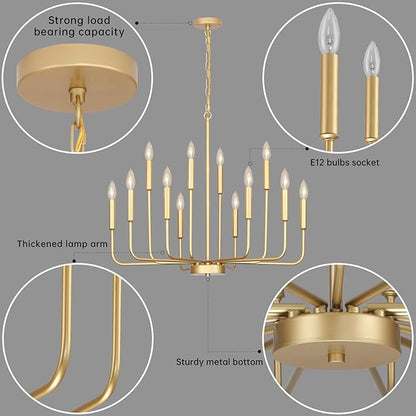 Gold Chandeliers for Dining Room Light Fixture Over Table, Modern Farmhouse Chandeliers for Living Room,12-Lights Candle Lighting Fixtures for Entryway Kitchen Island Foyer