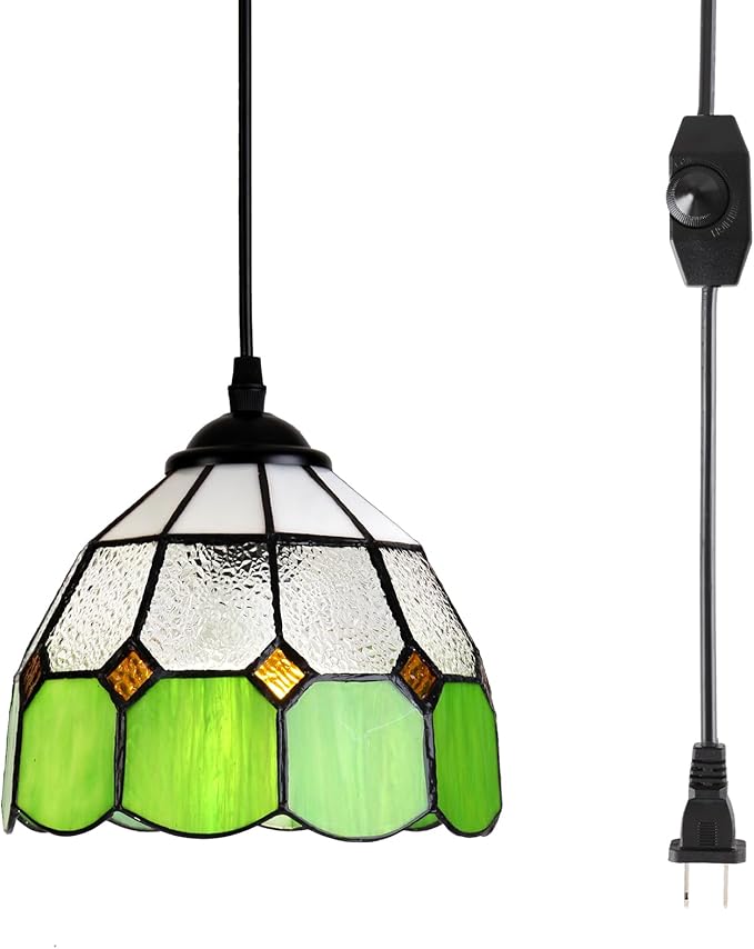 HuisMier Tiffany Style Plug in Pendant Light, Green Mini Chandelier with 15 Ft Hanging Cord and On/Off Dimmer Switch, Vintage Swag Ceiling Lamp for Dining Room Bedroom Living Room Porch, 7.9" Width