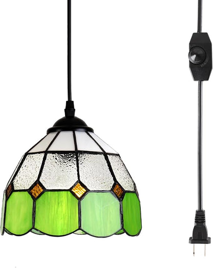 HuisMier Tiffany Style Plug in Pendant Light, Green Mini Chandelier with 15 Ft Hanging Cord and On/Off Dimmer Switch, Vintage Swag Ceiling Lamp for Dining Room Bedroom Living Room Porch, 7.9" Width