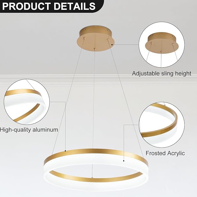 Buccleuch Modern LED Chandelier - Dimmable 19.7" Gold Round Pendant Light, Height Adjustable UL-Certified Ceiling Light for Dining Room, Kitchen Island, Living Room, Bedroom, Foyer, 6500K