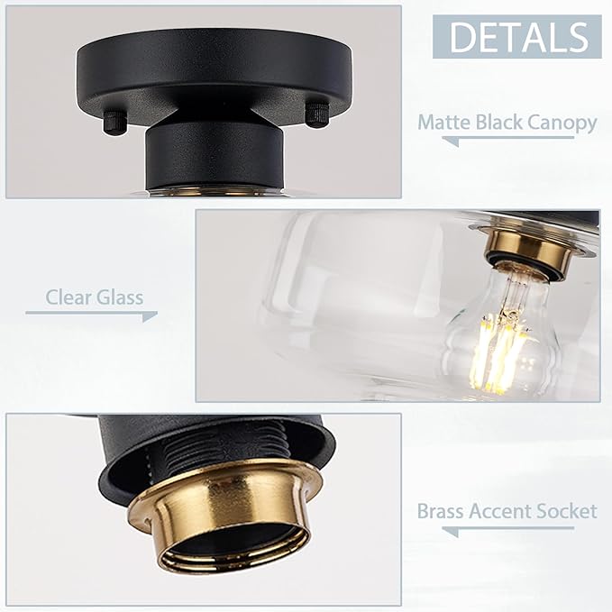 Semi Flush Mount Ceiling Light, 10.24" Modern Farmhouse Clear Glass Light Fixture with Matte Black Finish, E26 Base for Entryway Hallway Kitchen Bathroom (Bulb Not Included)