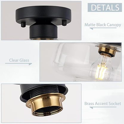 Semi Flush Mount Ceiling Light, 10.24" Modern Farmhouse Clear Glass Light Fixture with Matte Black Finish, E26 Base for Entryway Hallway Kitchen Bathroom (Bulb Not Included)