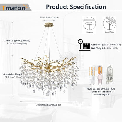Modern Gold Chandelier Light Fixtures - Dia 31.5 inches Luxury Crystal Chandelier Lighting, Large Kitchen Light Fixture, Led Branch Crystal Chandeliers for Dining Room, Bedroom, Living Room