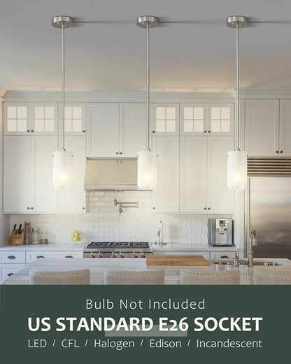 1-Light Mini Pendant Light Fixtures, Modern Chandelier Hanging Ceiling Light with White Frosted Shade, Brushed Nickel Pendant Lighting for Kitchen Bedroom Hallway, Adjustable Height, 3 Pack